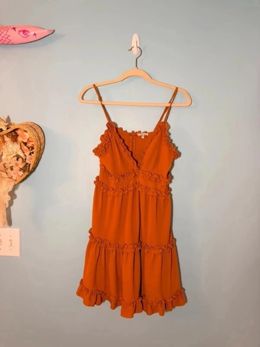 iris rust orange ruffle tiered mini dress size s coquette